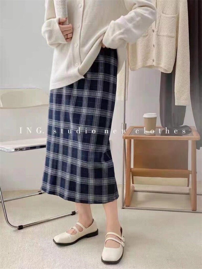 格子半身裙秋季韩版高腰开叉包臀两色厚，女装半身裙，LC裤子