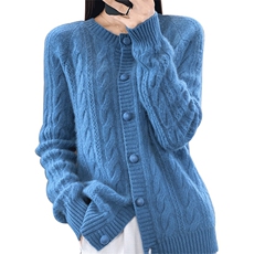100%纯羊毛针织开衫女圆领麻花针织长袖毛衣宽松羊绒衫外套，女装羊毛衫，哲奥羊绒
