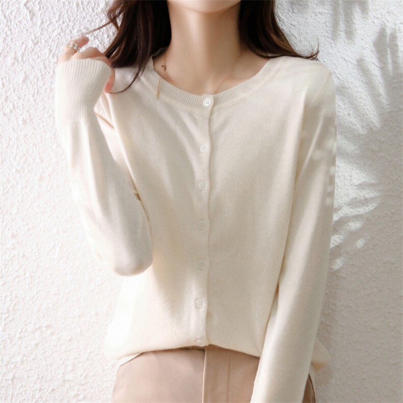 2022春季新款圆领针织打底开衫女长袖百搭带金丝线外套上衣毛衣，女装针织衫/毛衣，雪真羊绒