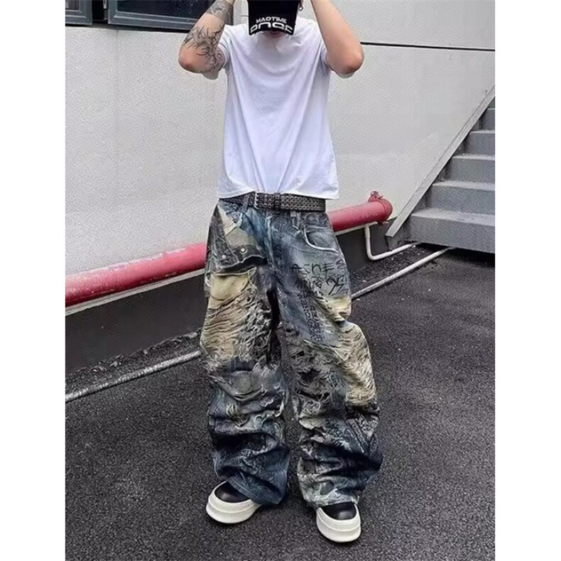 打印3D破洞字母涂鸦糜烂牛仔裤长裤男女同款NG193,男装牛仔裤,星座1116A（原606A-3）