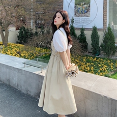 清纯系乖乖妹穿搭背带裙套装女2025夏减龄泡泡袖上衣两件套连衣裙，女装连衣裙，2C092