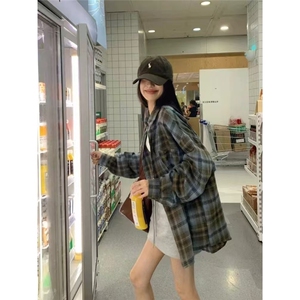 美式复古格子衬衫女2025新款春秋薄款设计感小众宽松长袖衬衣外套图片