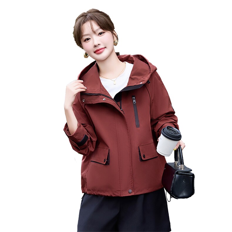 红短款风衣外套女2025春秋新款宽松休闲连帽工装冲锋衣夹克,女装短外套,涵亦佰惠