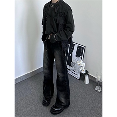 B221美式ins高街暗黑百搭假破洞微喇牛仔裤LK24149-P60控78，男装牛仔裤，电商B221