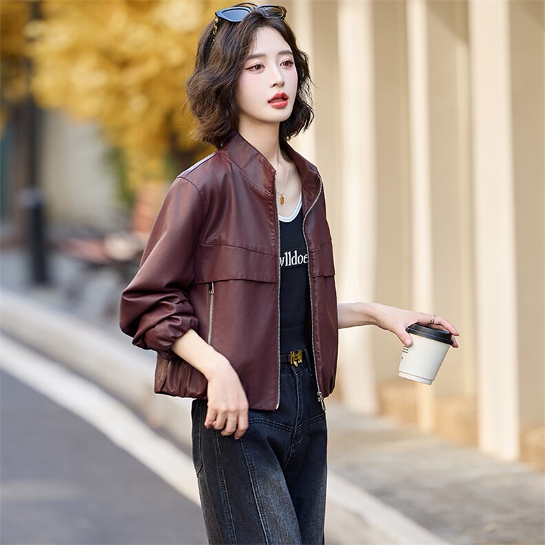 中古灯笼袖立领皮衣外套女2025春季新款时尚帅气高端流行机车夹克,女装皮衣,魅丽静蓝