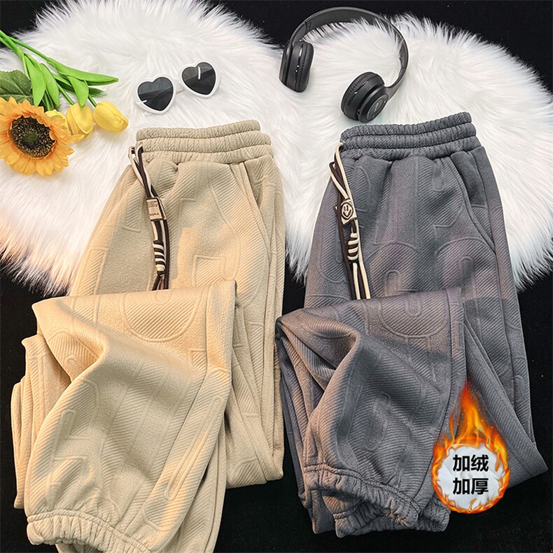 2025冬季加绒加厚华夫格提花男士休闲青年大码运动裤K35加绒-P30，女装休闲裤，星座1816-2（原1210–2）