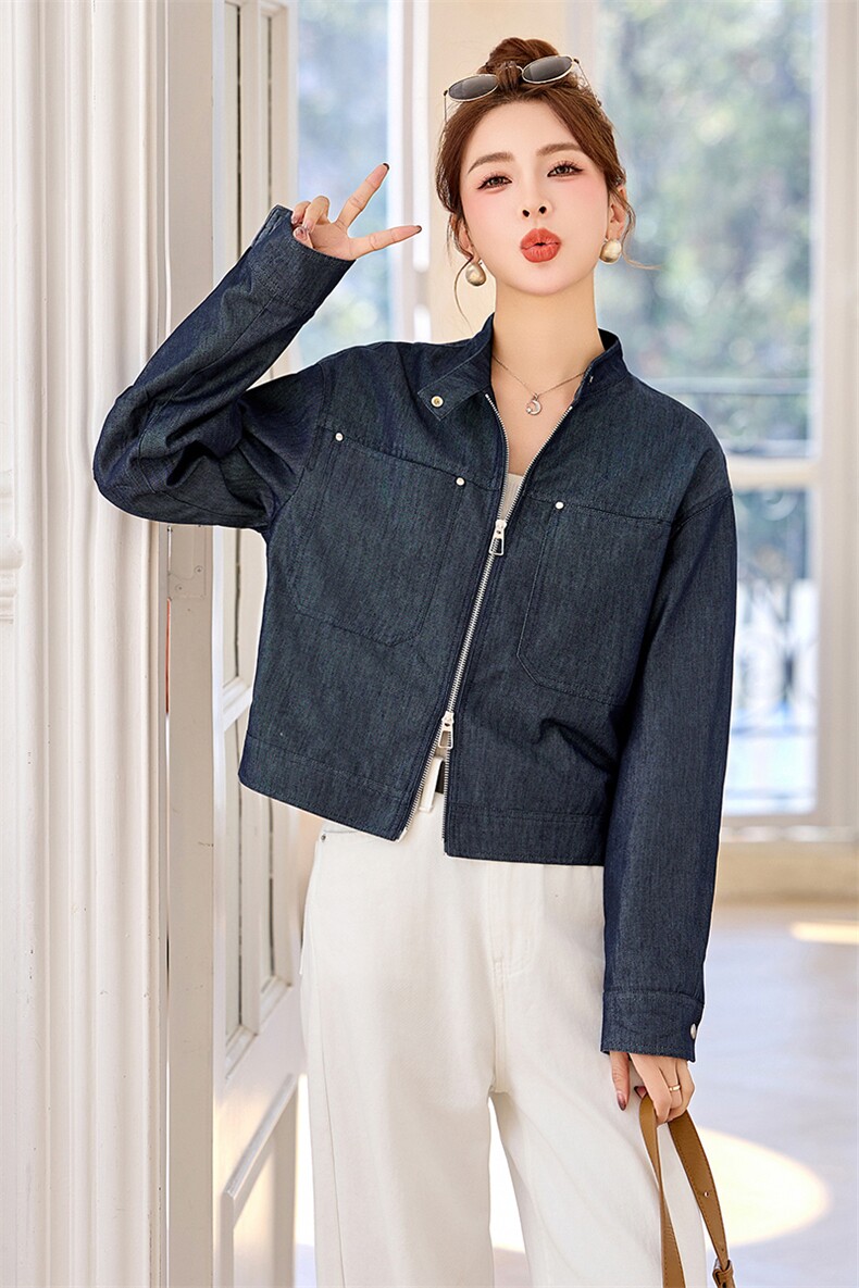 时尚复古蓝色牛仔短款外套女2025春秋新款小个子休闲立领夹克上衣,女装短外套,美沁