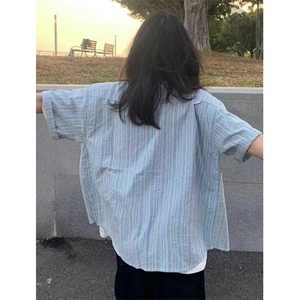 街头短袖衬衫女夏季半袖小众上衣条纹五分袖开衫衬衣 CA150图片