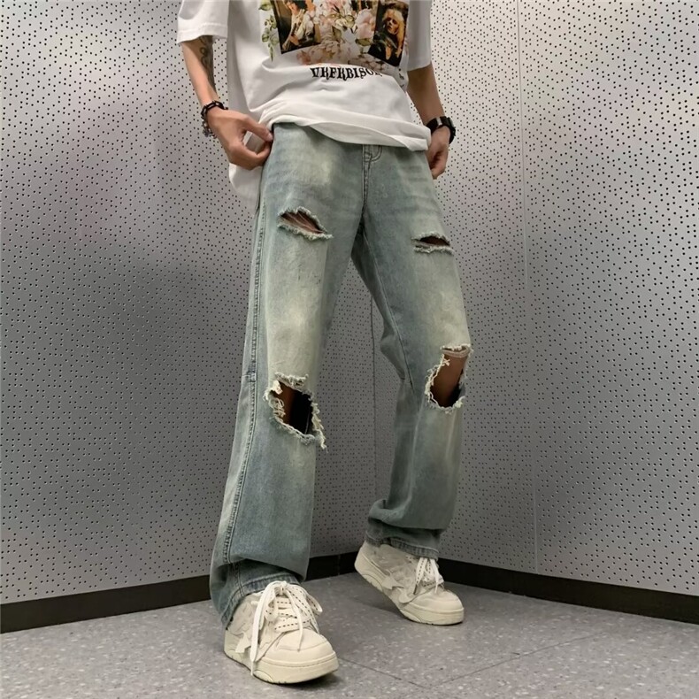 破洞牛仔裤青春流行宽松直筒男潮流水洗XK8040-P43,男装休闲裤,星座1109-3