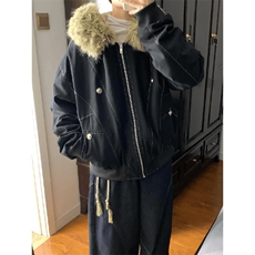 现货重磅boxy短款棉衣座山雕大毛毛领男女棉服水洗工装厚外套，男装棉衣，电商A443