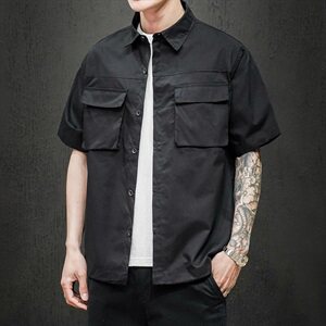 2021夏季新马切达日系大码男抽绳下摆宽松工装短袖衬衫C555-P35图片