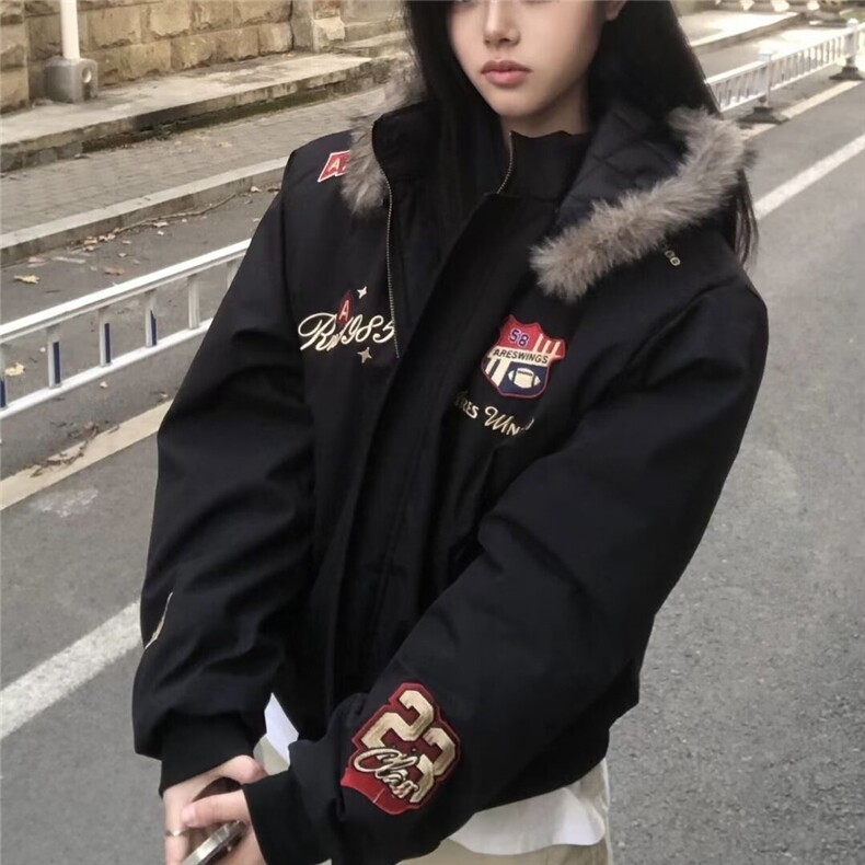 1506-1/MQ181/P76徽章刺绣毛领连帽棉衣棉服女复古外套秋冬季男女,男装棉衣,星座1506-1