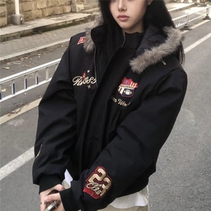 1506-1/MQ181/P76徽章刺绣毛领连帽棉衣棉服女复古外套秋冬季男女图片
