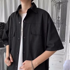 男短袖工装衬衫夏季日系潮牌半袖外套纯棉大口袋休闲宽松半袖衬衣图片
