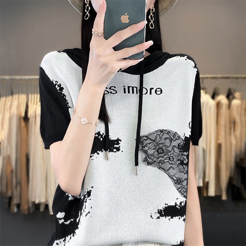 新款女装冰丝针织衫水墨画图案时尚百搭舒适透气显瘦修身,针织衫/毛衣,萱芳婷羊绒