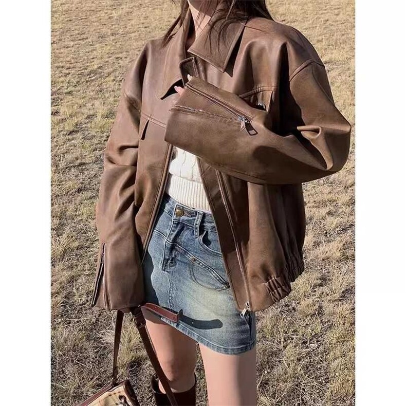棕色皮衣外套女2025春秋新款美拉德美式复古pu皮小个子机车服夹克,男装皮衣,星座1210-1