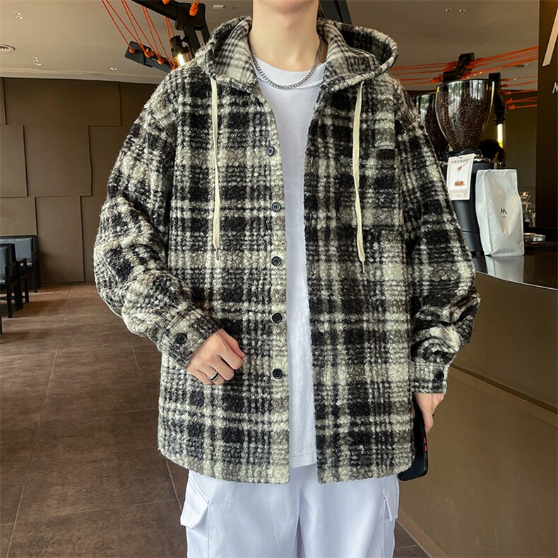 秋冬圈圈毛男装夹克外套呢料加厚格子港风衣连帽衬衫5730P60图片