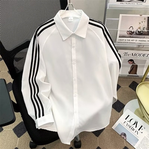 三条杠长袖衬衫女男款春季宽松学院风百搭休闲衬衣外套LS112 P36图片