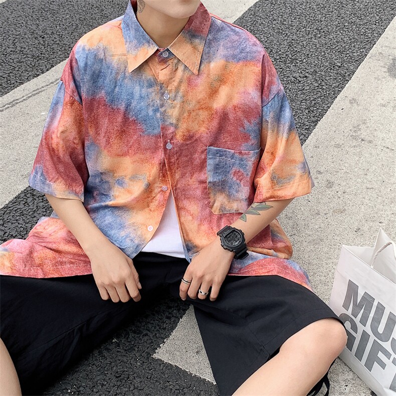 特P29控58 夏季冰丝港风男宽松版扎染短袖衬衫CS11图片