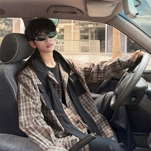 春夏新品原创小众设计感连帽系带长袖衬衫男士拼接格纹长袖衬衣潮图片