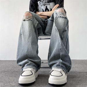 夏季小众美式复古破洞做旧牛仔裤街头百搭阔腿长裤男女10955-p46图片