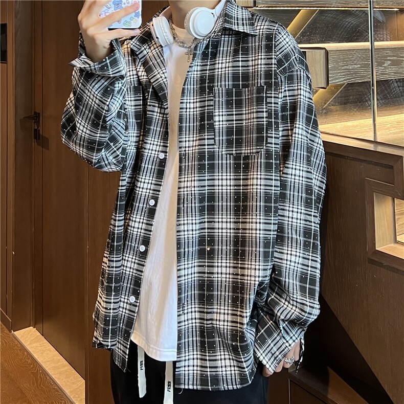 秋款潮流宽松男女情侣长袖烫钻格子衬衫外套212-2-DY74-P65图片