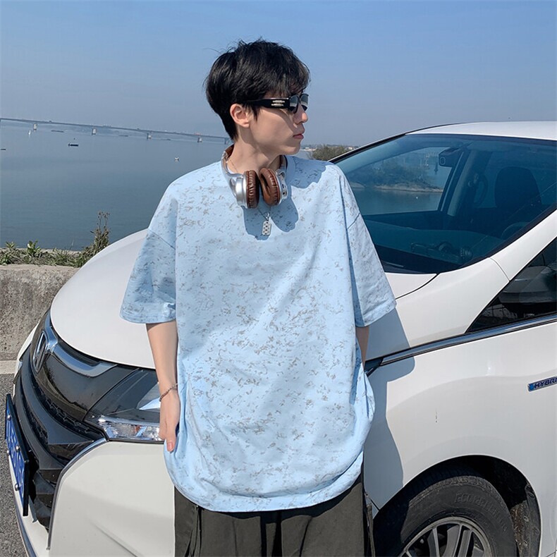 得物抖音品质二开240克重磅宽松纯棉美式做旧扎染工艺短袖T恤图片
