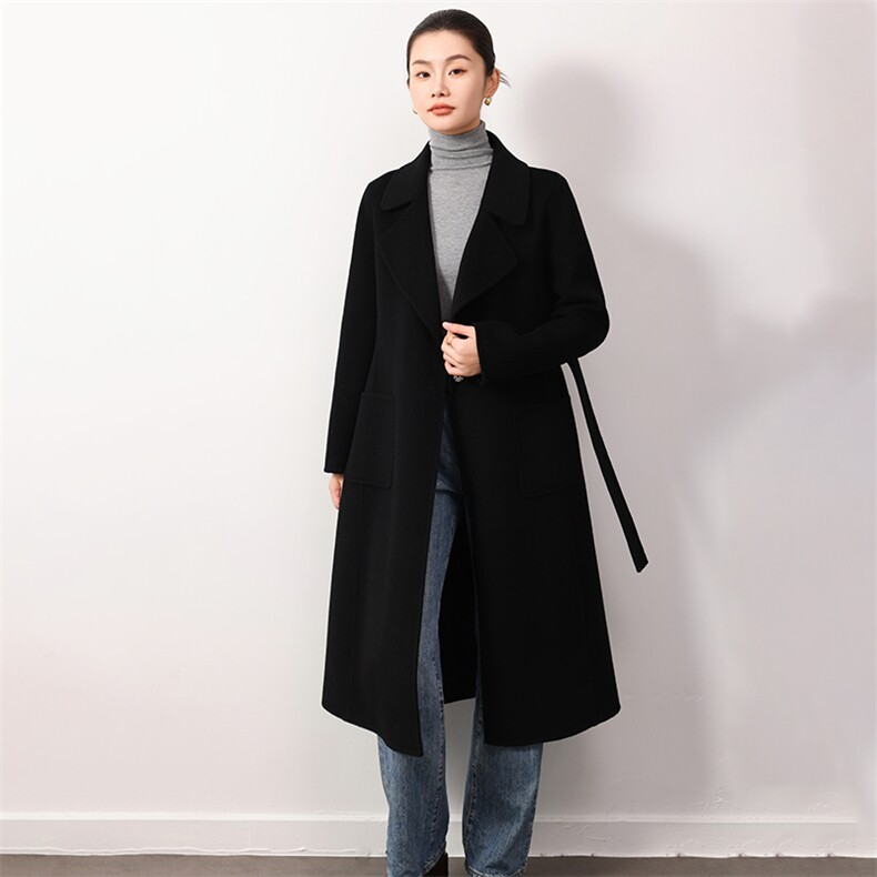 时尚百搭羊毛女士双面呢大衣优雅显瘦长款外套单品,女装双面呢大衣,岳达羊绒
