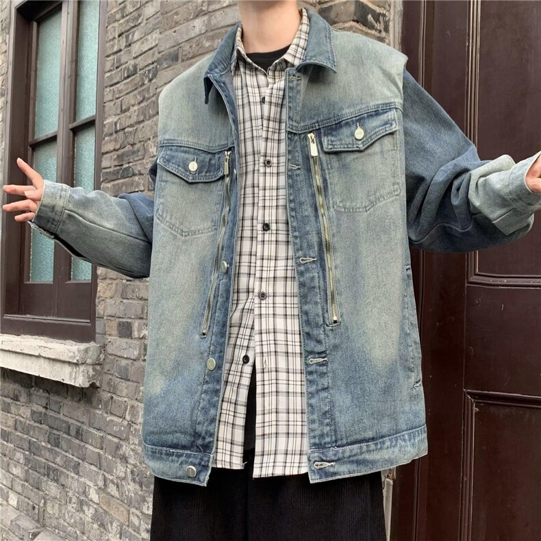 美式复古重工水洗直角垫肩牛仔夹克外套男女春季新款高级感上衣潮,男装夹克,星座716-3