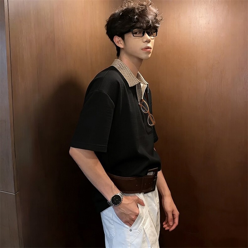 得物抖音高品质二开夏季美式潮牌假两件格子衬衫翻领高街短袖T恤,男装T恤,电商A486