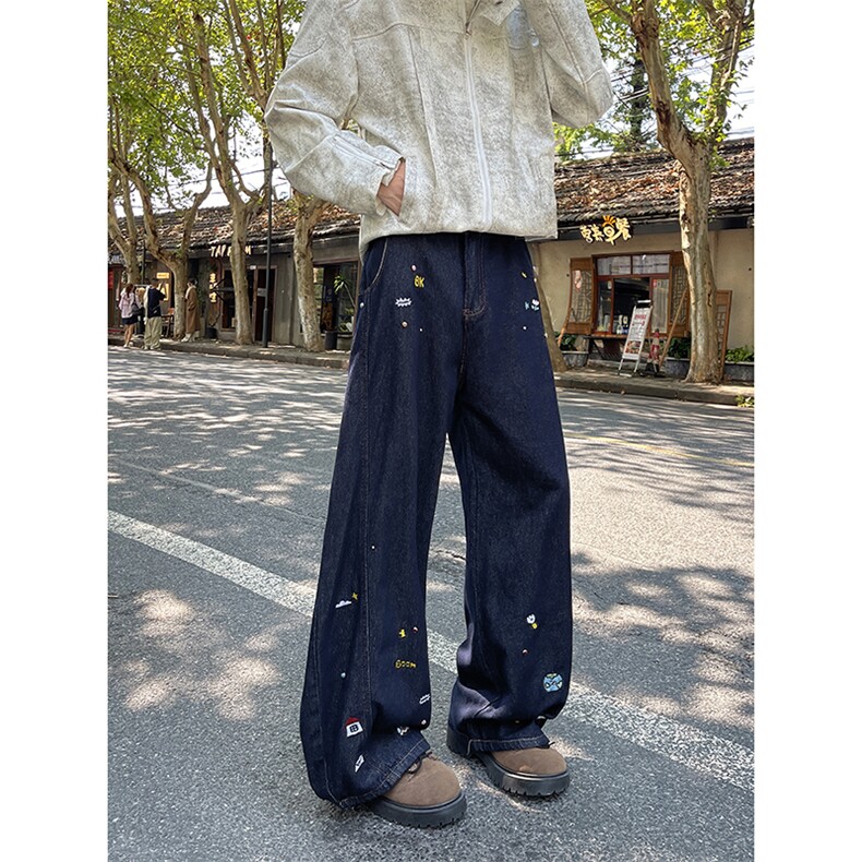 美式复古卡通刺绣嘻哈牛仔弯刀裤男女oversize洗水休闲裤,男装休闲裤,四季星座505