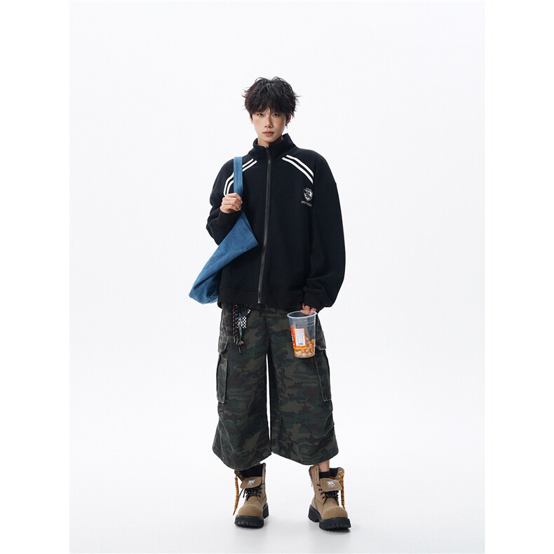重磅条纹卫衣男开衫大码立领拼接上衣美式运动拉链外套JK5207/P65,女装短外套,电商B238