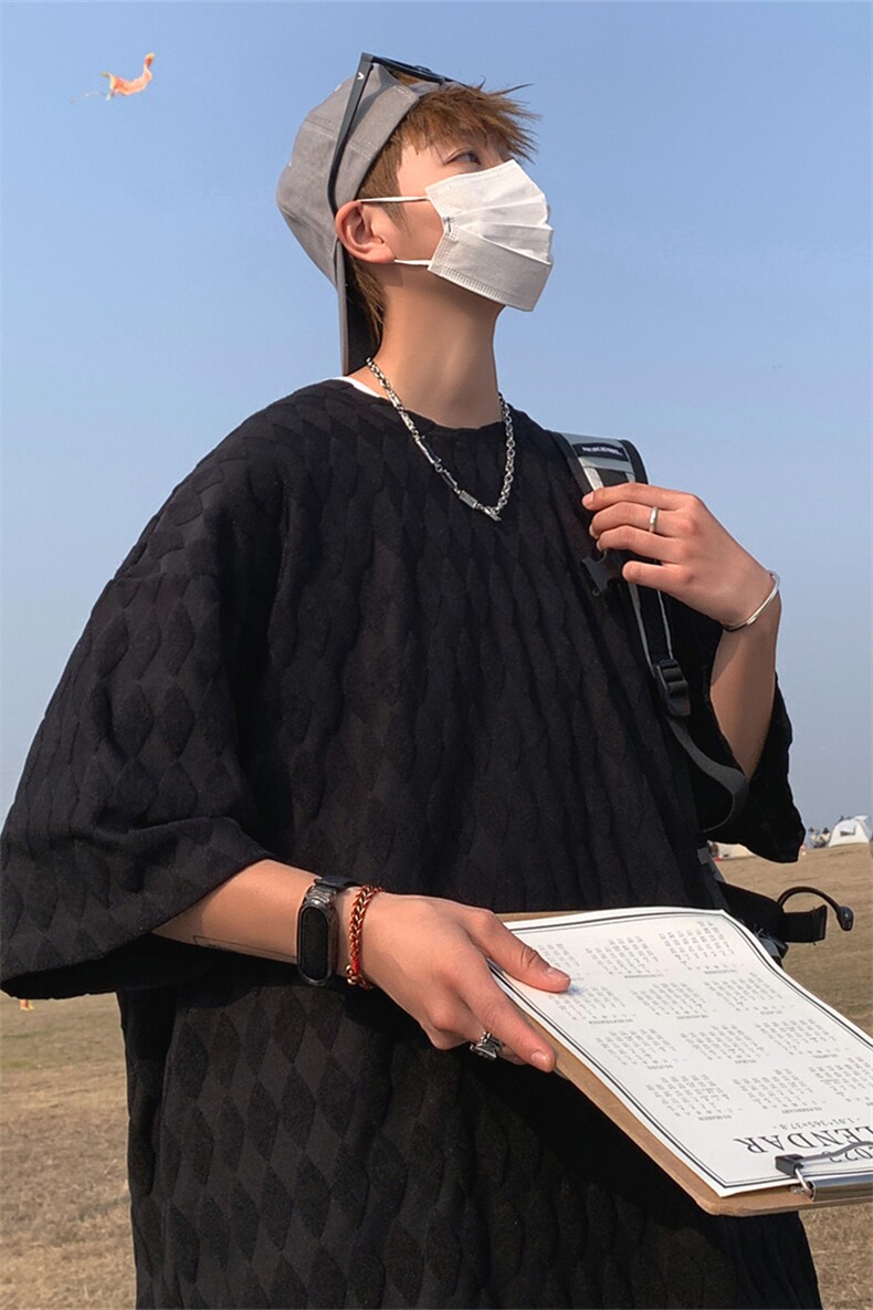 T8043/P30夏季港风个性菱形格子短袖T恤男大码开叉上衣男,男装T恤,电商A141