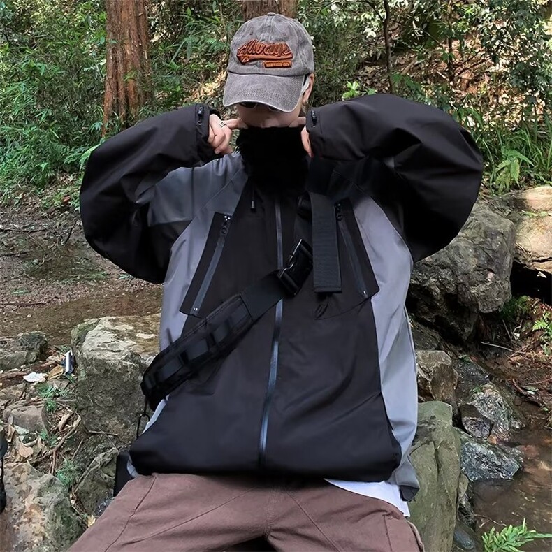 撞色拼接冲锋衣男春秋冬季宽松潮流小牛津防水工装连帽夹克外套,男装夹克,星座410-7