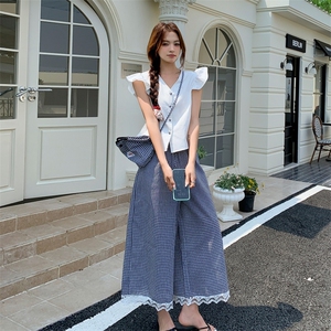 法式温柔风小飞袖衬衫格纹阔腿裤套装女夏两件套223-1361P145K198
