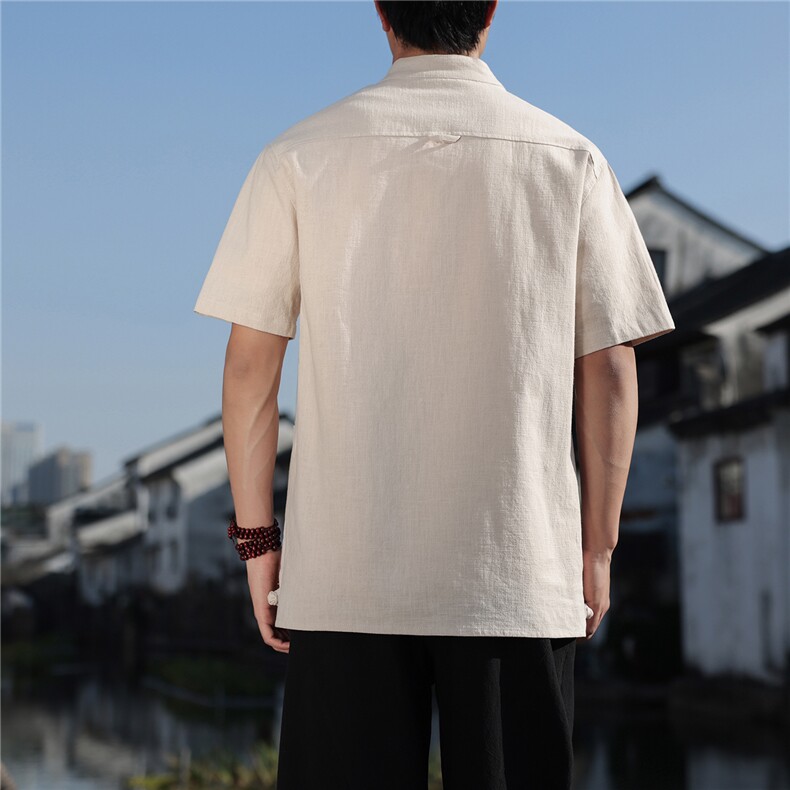2026夏季新款风盘扣纯色休闲宽松大码苎麻T恤CS2606,男装T恤,电商A008
