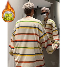 薄款改加绒特批P50无差价冬新银狐绒大码条纹长袖T恤男T1701J加绒，男装T恤，电商A001-1