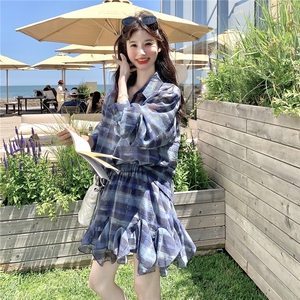 INS风新中式时尚套装时尚蓝色印花裙子碎花欧美风显瘦气质长袖图片