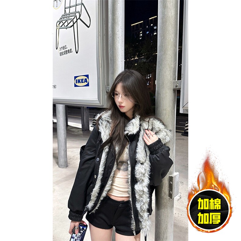 现货高品质美式高街重磅狼王座山雕毛毛领假两件棉衣加厚棉服外套，男装棉衣，电商A486