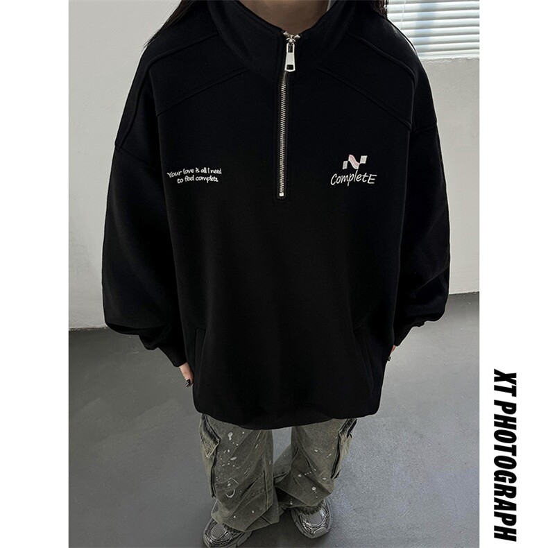 主推中性风复古绣花学院风半拉链卫衣宽松外套男女D363P58，女装短外套，电商A335-1（原A458）