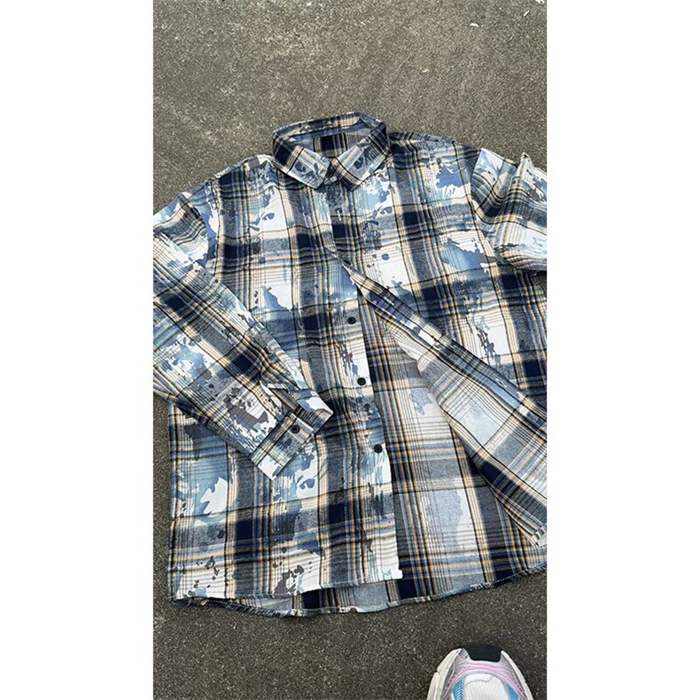 美式扎染条纹格子衬衫男女复古长袖衬衫上衣外套C2239-特价P30,男装衬衫,电商A007