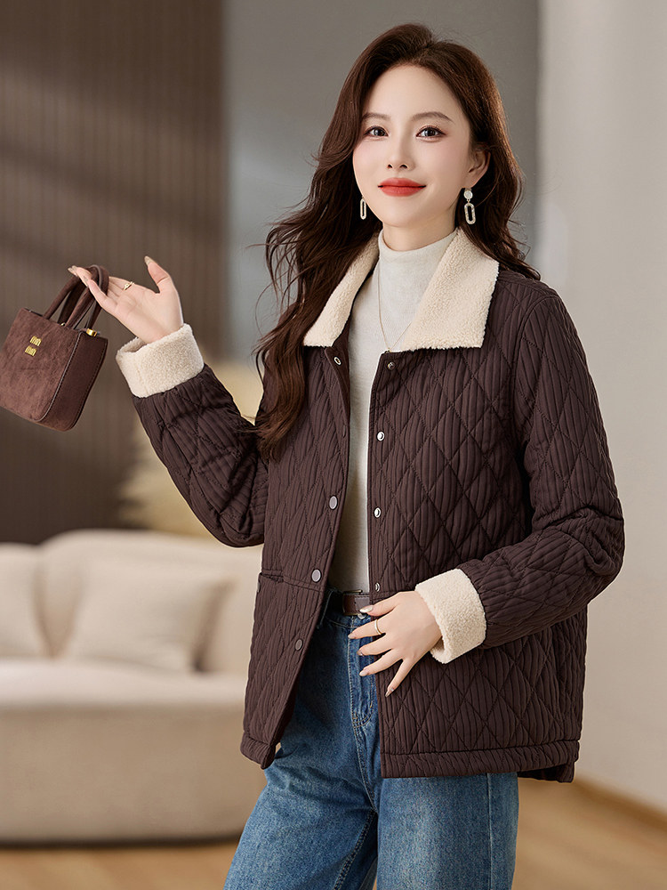 羊羔毛拼接棉衣棉服女2024冬新款休闲百搭菱格夹棉外套洋气小棉袄,女装棉衣/棉服,姿衣坊