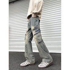 小众弯刀牛仔裤男款美式高街多口袋工装裤子直筒微喇裤RK2438-P53，男装牛仔裤，星座412-2