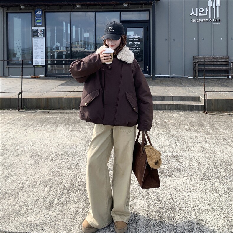 咖色韩系复古翻领羽绒服外套女冬季新款小个子90白鸭绒加厚夹克潮,女装棉衣/棉服,2C326