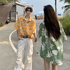 EQ401夏威夷风冰丝衬衫情侣装夏季短袖沙滩旅游度假衬衣男女ins，男装衬衫，电商C306-1