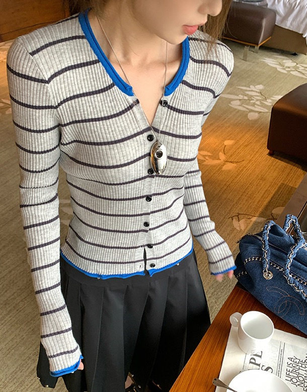 2025秋冬百搭时尚简约韩系撞色条纹针织开衫，女装针织衫/毛衣，沐策羊绒