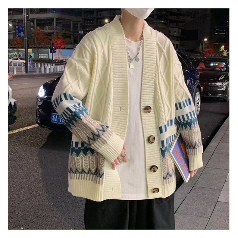 B432P50男装日系复古拼接菱格V领开衫毛衣宽松痞帅潮针织,男装针织衫/毛衣,星座512-6