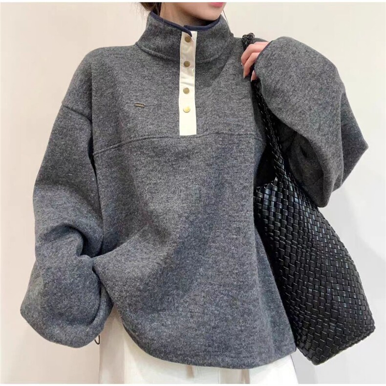 2025年秋季时尚百搭通勤简约休闲立领铜扣卫衣，女装卫衣/绒衫，湘姗