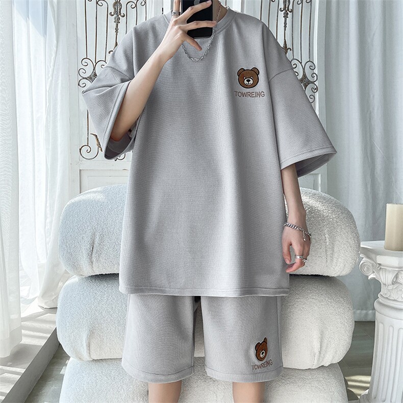 2023华夫格短袖短裤套装男oversize时尚休闲运动两件套TZ021-P70,男装休闲套装,电商A001