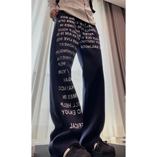 藏蓝色字母涂鸦卫裤男潮牌hiphop嘻哈街舞裤子美式直筒微喇运动裤，男装休闲裤，星座610A